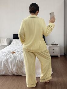 Napfluff CURVE Napfluff CURVE Minimalist Slouchy Yellow Striped Pajama Set For Girls, Spring/Autumn New Long Sleeve Long Pants 2 Pieces Set, Premium Loungewear Plus Size - Yellow - View 2