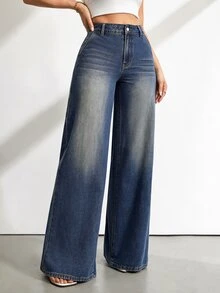 SHEIN Tall جينز نسائي فضفاض متعدد الاستخدامات بأزرار وجيوب - أزرق متوسط - مشاهدة 5