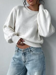 SHEIN BASICS 女款休閒簡約圓領長袖純色針織衫 - 白色 - 查看 4