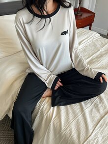 DAZY طقم ملابس نوم نسائي كاجوال للاستخدام اليومي والمنزلي بألوان متباينة، ملابس علوية بأكمام طويلة وبنطلون - رمادي - مشاهدة 5