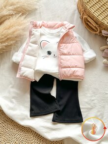 SHEIN Vintaside Kids 3件組幼女背心T恤喇叭褲套裝，可愛甜美粉色白色貓咪圖案，絎縫拉鍊羅紋長袖，生日派對冬季秋季假期穿搭 - 淺粉色 - 查看 1