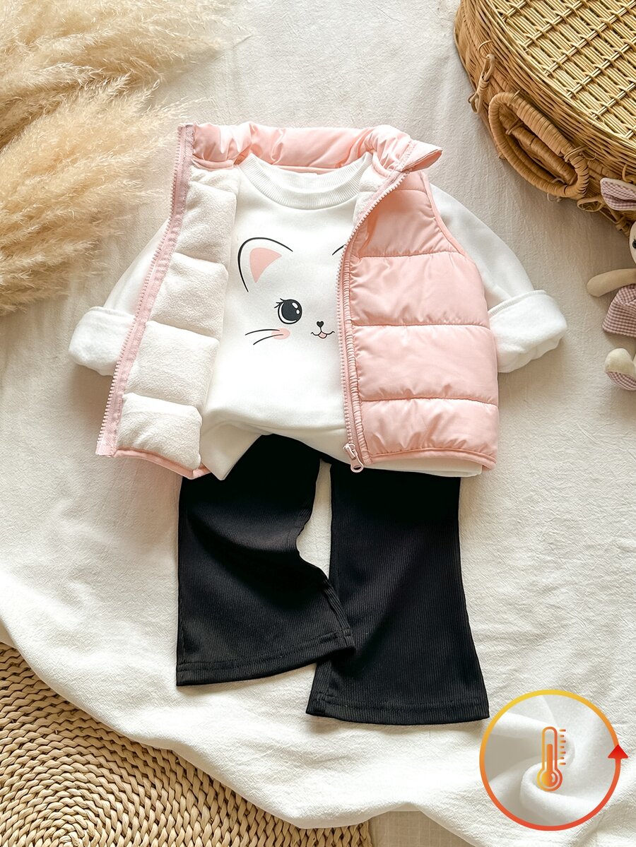 SHEIN Vintaside Kids 3件組幼女背心T恤喇叭褲套裝,可愛甜美粉色白色貓咪圖案,絎縫拉鍊羅紋長袖,生日派對冬季秋季假期穿搭 - 淺粉色 - 查看 1