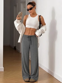 SHEIN EZwear 女款大尺碼高腰寬鬆長褲 秋季 - 灰色 - 查看 4