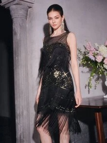 Anewsta Affair Women's Mesh Patchwork Sequin Fashion Cocktail Party Dress - Black - View 5