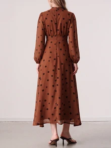 Aveloria Modichic Women's Dress Stand Collar Waisted A-Line Textured Chiffon Pleated Front Lantern Sleeve French Rust Brown Long Midi Thanksgiving Brunch Fall - Rust Brown - View 2