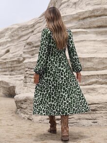 Aveloria Modichic Women's Dress A-Line Slim Fit High Neck Ruched Long Lantern Sleeve Elegant Boho Green Black Leopard Print Fall Brunch Vacation - Green - View 2