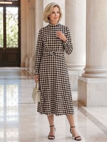 EMERY ROSE Women's Slim Fit Black Tank Top And High Neck Long Sleeve Houndstooth Maxi Dress Set Office Formal Winter Elegant Casual - Multicolor - View 5