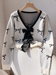 Comfortcana Women's Thin Cardigan Sweater With Bow Pattern And Bow Decor, Casual Fashion Creative Personalized Fresh Cute - White - View 7