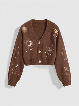 Cardigan bordado con sol, luna, estrella y serpiente estilo hippie para mujer