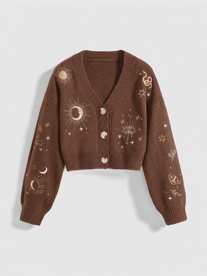 Cardigan brodé hippie pour femmes avec motifs de soleil, lune, étoile et serpent