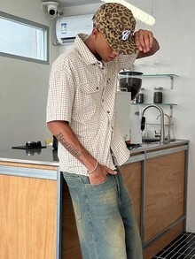STEELVANCE 男士小格紋短袖襯衫，經典風格，適合正式或休閒場合，休閒度假、晚餐聚會、簡單辦公、居家休閒穿著，百搭風格，適合自穿或送禮給朋友，暢銷舒適面料襯衫 - 彩色 - 查看 5