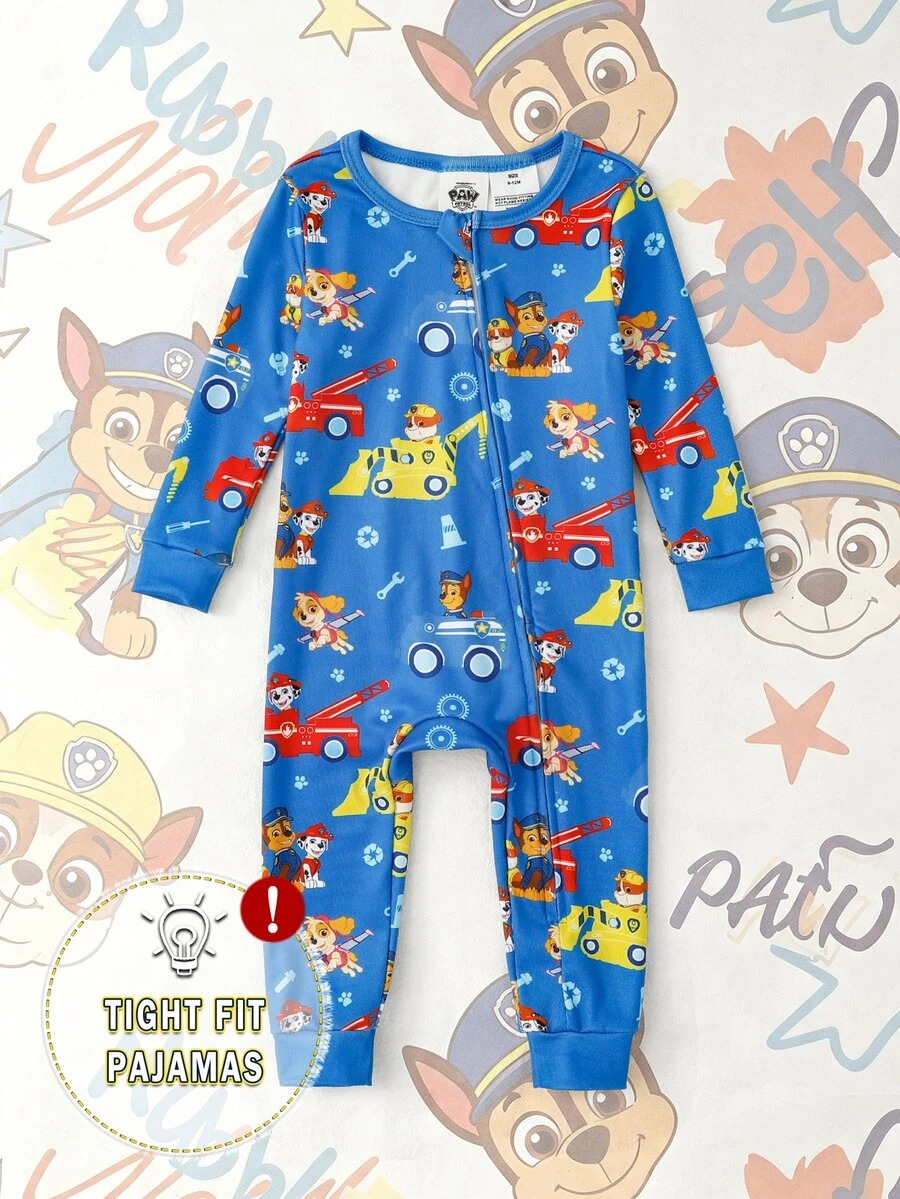 SHEIN | PAW Patrol 秋冬男嬰聯名款酷萌挖掘機狗狗印花軟舒適緊身高彈薄款拉鍊長袖連身衣居家服貼身款 - 藍色 - 查看 1
