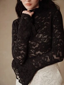 Anewsta Black Lace Ruffle Double Layer Bell Sleeve Fitted Long Sleeve Women's Top T-Shirt - Black - View 2