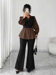 Elenzga Plus Size Casual Versatile Commute Patchwork Striped 2 In 1 Shirt And Versatile Minimalist Flared Long Pants Two Pieces Set - Brown - View 7