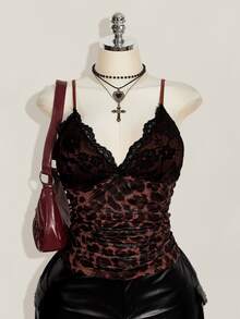 SHEIN ICON 女款大尺碼蕾絲拼接豹紋細肩帶背心上衣 - 摩卡棕 - 查看 5