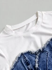 SHEIN MOD Atasan Denim Lengan Pendek Warna Kontras dengan Kancing dan Rumbai untuk Wanita Seksi Ukuran Plus - Medium Wash - View 5