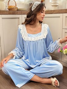 Snug Reverie طقم بيجامة بأسلوب ملكي للخريف/الشتاء من المخمل مع حافة دانتيل، بياقة مربعة وأكمام طويلة وسروال طويل - أزرق فاتح اللون - مشاهدة 7