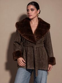 SHEIN BAE CURVE Plus Size Women Long Sleeve Overlap Design Belt Splicing Fur Collar Jacket - Multicolor - View 5
