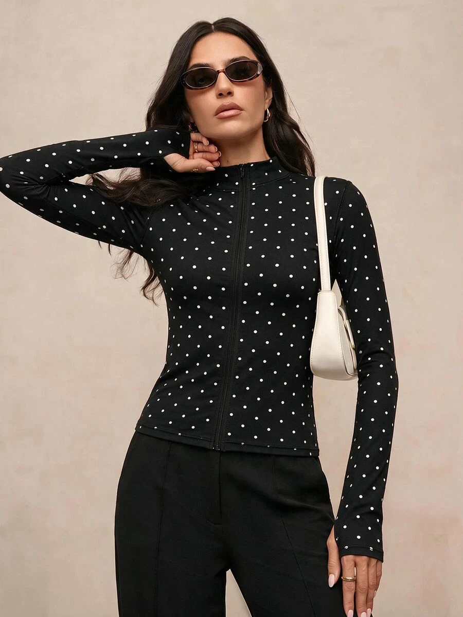 Activina Women's Polka Dot Zip-Up Long Sleeve Sports Jacket - Black - View 1