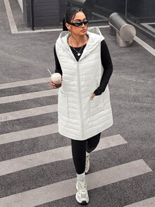 SHEIN EZwear 大尺碼連帽無袖口袋純色加厚外套 - 白色 - 查看 6