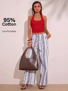 SHEIN BAE 女款純色掛脖時尚休閒短版背心 - 紅色 - 查看 4