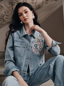 Anewsta Women's New Fashion Exquisite Heavy Embroidery Blue Jeans Jacket - Blue - View 5