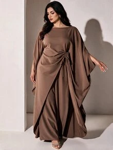 Veilorie 大尺碼女款春夏/秋冬純色圓領前綁帶罩衫與長褲兩件套 - 棕色 - 查看 3
