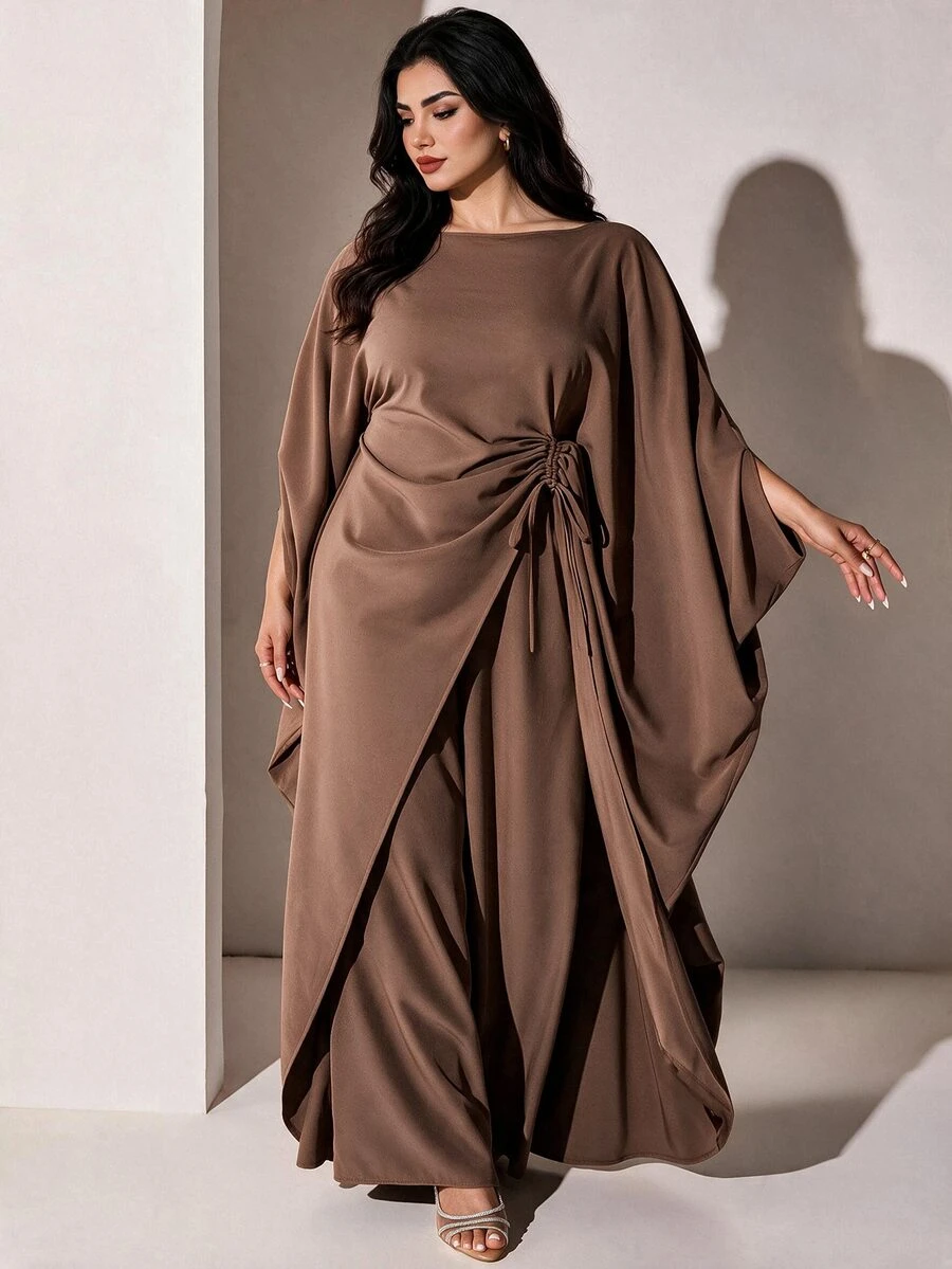 Veilorie Plus Size Women's Spring/Autumn Solid Color Round Neck Tie-Front Cover Up And Pants 2 Pieces Set - Brown - View 1