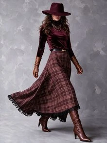 Solivie Women's Autumn Navy Blue Plaid Asymmetrical Hem Skirt - Coffee Brown - View 7