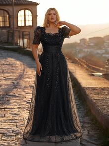 Glamrae Plus Size Elegant Romantic Square Neck Short Sleeve Sheer Rhinestone & Pearl Embellished Full A-Line Heavy Work Evening Dress For Wedding, Party, Celebration, Formal Occasion And Event - Black - View 7