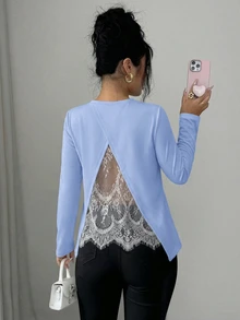 Selianne Women's Elegant Spring/Autumn Sheer Lace Back Design Pullover Long Sleeve Loose Fit T-Shirt - Blue - View 4