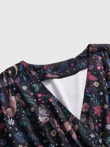 ROMWE Fairycore Vintage Mori Style Rabbit & Moon Print Plus Size Women's Short Sleeve Dress - Black - View 3