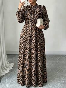 Elenzga Plus Size Leopard Print Ruffle Trim Stand Collar Puff Long Sleeve Waist Tie Elegant Flowy Maxi Dress - Multicolor - View 7