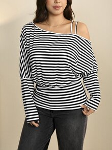 Edennvi Plus Size Black & White Striped Asymmetrical Shoulder Strap Batwing Sleeve Long Sleeve Fitted T-Shirt With Cinched Waist - Black and White - View 3