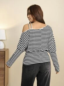 Edennvi Plus Size Black & White Striped Asymmetrical Shoulder Strap Batwing Sleeve Long Sleeve Fitted T-Shirt With Cinched Waist - Black and White - View 2
