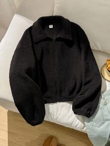 SHEIN 青少年女孩秋冬款柔軟舒適抓絨黑色翻領短版休閒夾克，優雅酷感街頭風運動騎行拉鍊外套，百搭開學季夾克 - 黑色 - 查看 2