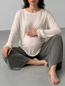 Dazy Maternity Solid Color Loose Long Sleeve Lace Trim T-Shirt & Wide Leg Pants Casual Vacation Daily Home Wear Spring Autumn Maternity 2 Pieces Set - Apricot - View 5