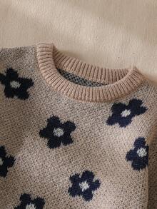 Young Girl Crew Neck Long Sleeve Floral Pattern Sweater And Solid Color Pants Set - Khaki - View 3