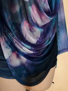 SHEIN ICON 大尺碼 Y2K 復古度假套裝，復古豹紋花卉網格印花套裝，抹胸上衣、抽繩裙、罩衫 3 件套，海灘度假，夏季度假 - 藍色 - 查看 9