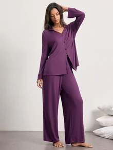 Ocili Women's Button Long Sleeve Top And Comfortable Pants Loungewear Set - 紫丁香色 - 查看 4