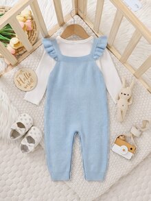 SHEIN Newborn Baby Girl Crawler Romper, Knitted One-Piece, Short Sleeves, Leopard Print, Fashionable Jumpsuit, Soft And Comfortable, Suitable For Autumn/Winter, Outing - Blue - View 2