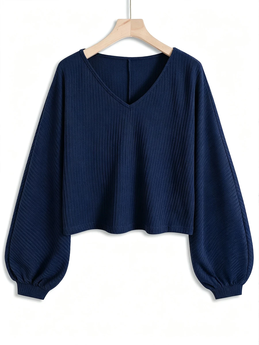 INAWLY Plus Size Minimalist Loose V-Neck Casual Top - Navy Blue - View 1