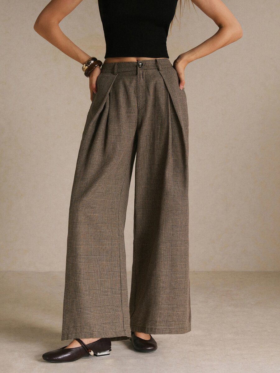 Poéselle Women's Plaid Pleated Fashion Commuter Wide Leg Suit Pants - Brown - View 1