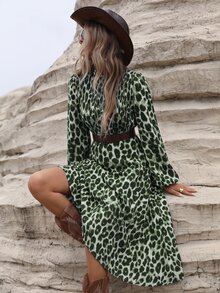 Aveloria Modichic Women's Dress A-Line Slim Fit High Neck Ruched Long Lantern Sleeve Elegant Boho Green Black Leopard Print Fall Brunch Vacation - Green - View 6