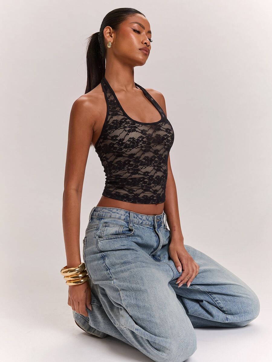 SHEIN BAE Women's Black Lace Fitted Fashion Halter Tank Top - Black - View 1