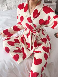 SHEIN Heart Flannel Soft & Comfortable Tie-Up Robe And Pants Loungewear Set - Multicolor - View 5