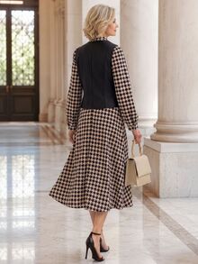 EMERY ROSE Women's Slim Fit Black Tank Top And High Neck Long Sleeve Houndstooth Maxi Dress Set Office Formal Winter Elegant Casual - Multicolor - View 2