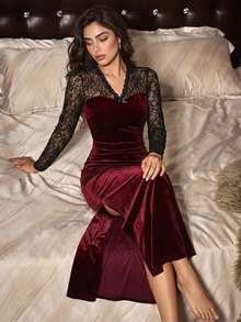 Dazy Tall Women's Long Elegant Lace Patchwork Dress - Burgundy - View 10
