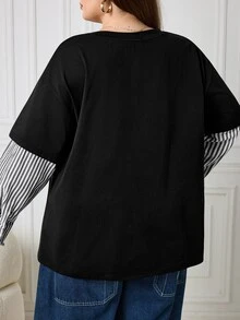SHEIN CURVE+ Women's Plus Size New 2 In 1 Patchwork Round Neck Loose Long Sleeve T-Shirt, Autumn/Winter Fashion Casual Top, Suitable For 5XL-8XL Fall - Black - View 2