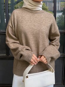DAZY 女款秋冬駝色圓領寬鬆落肩極簡純色基礎慵懶休閒通勤日常針織衫 - 杏色 - 查看 7